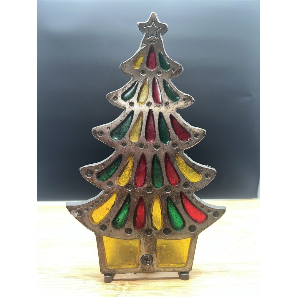 Vintage Stain Glass Christmas Tree Candle Holder Metal Votive 6" Tall MCM
